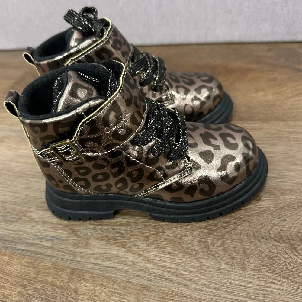 OshKosh‎ B'gosh Toddler Girls Leopard Combat Boots Size 8M Metallic Bronze